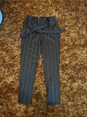Black Pinstripe Tapered Pants with Belt